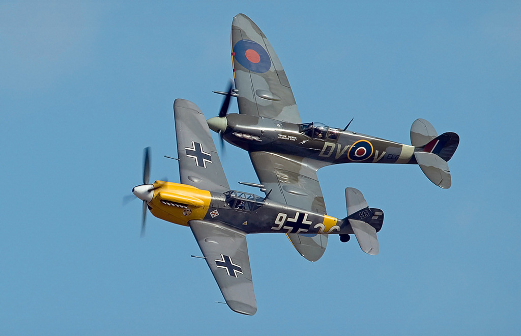 Photo Competition - Spitfire and Hispano Buchon (ME 109) pictured at The Victory Show, Cosby in 2021. Both aircraft are powered by the Rolls Royce Merlin Engine. Taken with a Nikon D7000 camera and Sigma 150-500mm lens - Keith Griffiths