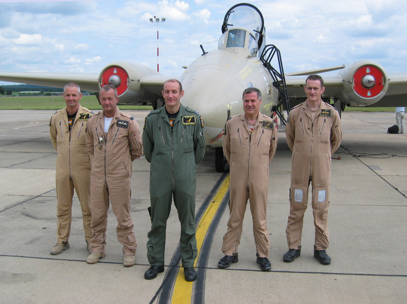 Pictured from left to right are Sqn Ldr 'Winny' Winwright - [Navigator]; Flt Lt Ronnie Fairbrother - [Pilot]; Wg Cdr Clive Mitchell [OC 39 (1 PRU) Sqn; Flt Lt Colin Fryer - [Navigator]; and Flt Lt Mick Leckey - [Pilot]