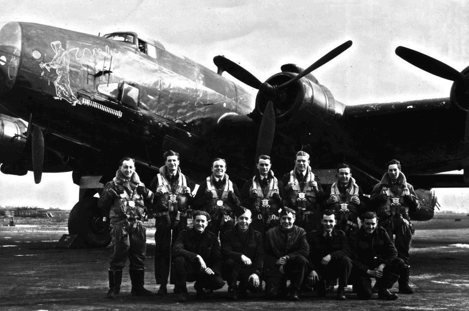 Click to enlarge photo   ........   
Jack  D Bainbridge is bottom row & 1st on the left.
 The captain of the aircraft is Flt/Lt Watson who is centre back row, and the rear gunner a Mr Don Simpkin who is far right in the back row